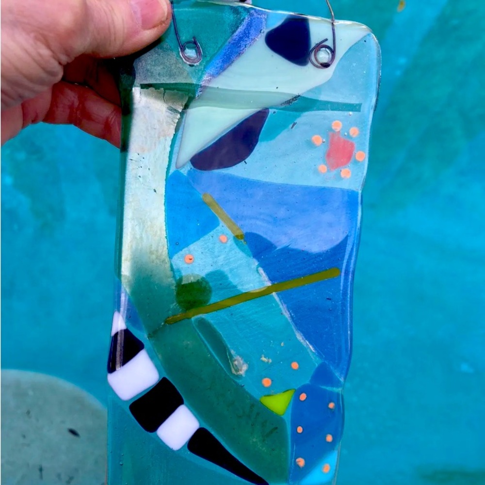 Handmade Art Glass Hanging Panel 8.5”x 3.5”” “Mermaid  Magic “ Original